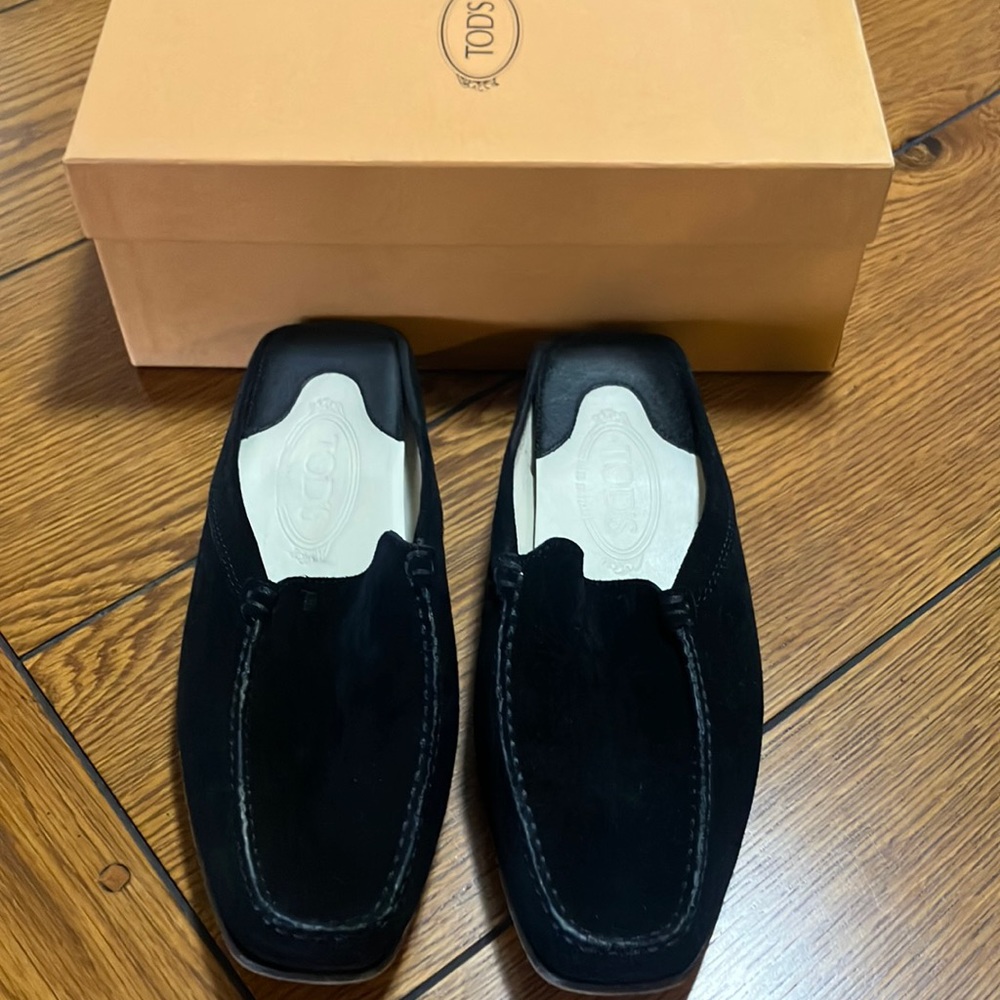 Suede Tod’s size 9 black mules, velvety soft.